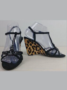 Calvin Klein Women Callison Black Leopard Fur Wedge Rhinestone Sandal Shoes